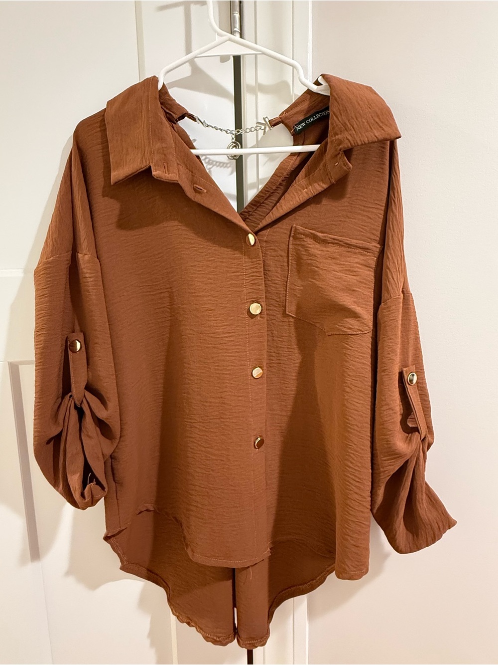 Oversized Rust Brown Button-Up Blouse | One Size